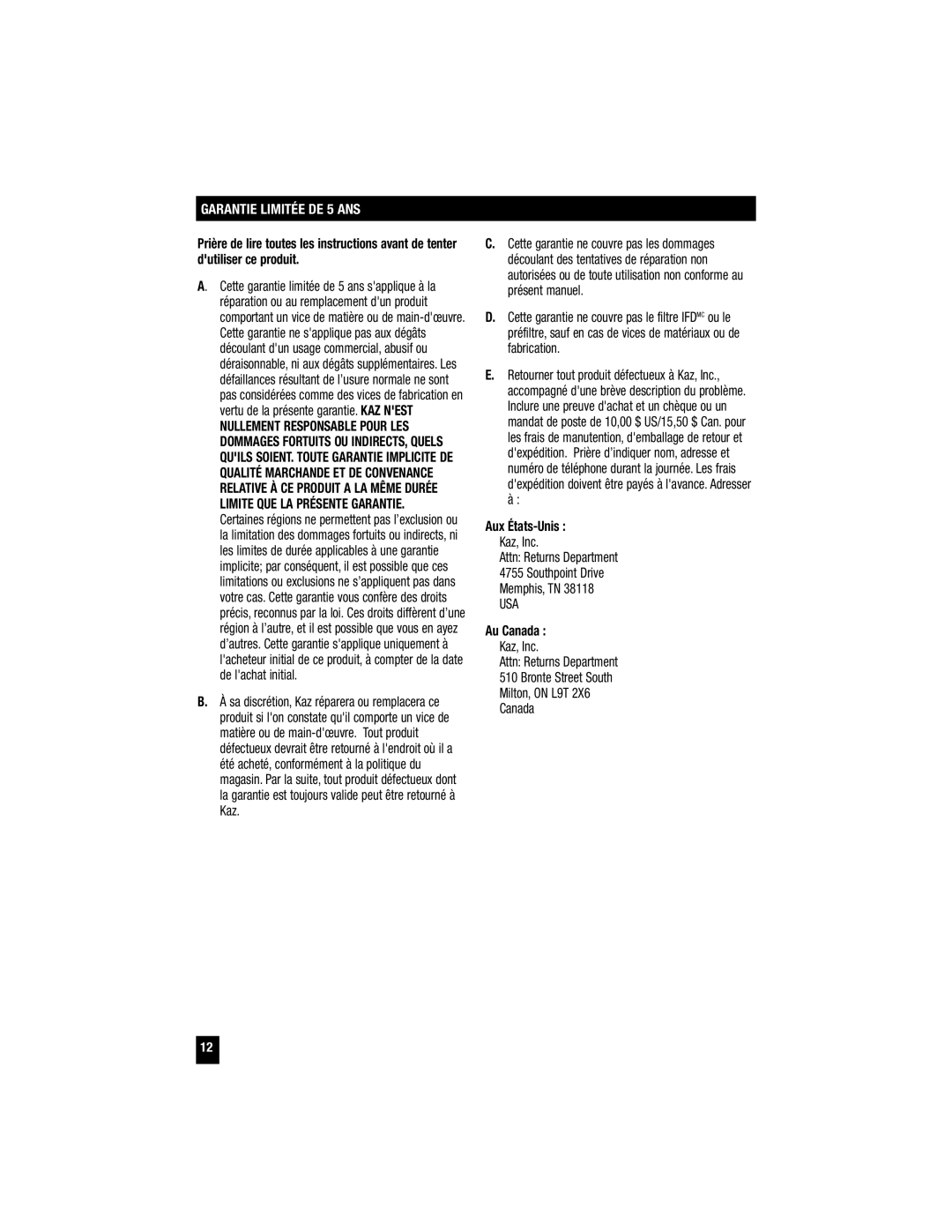 Honeywell HFD-120 important safety instructions Garantie Limitée DE 5 ANS, Aux États-Unis, Au Canada 