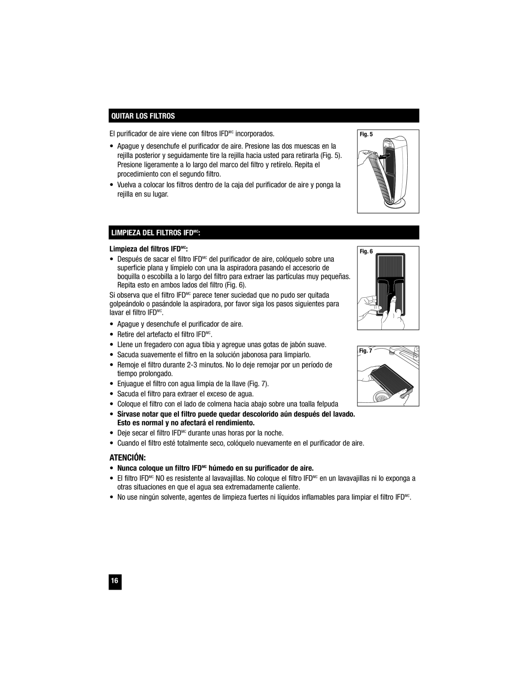 Honeywell HFD-120 important safety instructions Quitar LOS Filtros, Limpieza DEL Filtros Ifdmc, Limpieza del filtros Ifdmc 