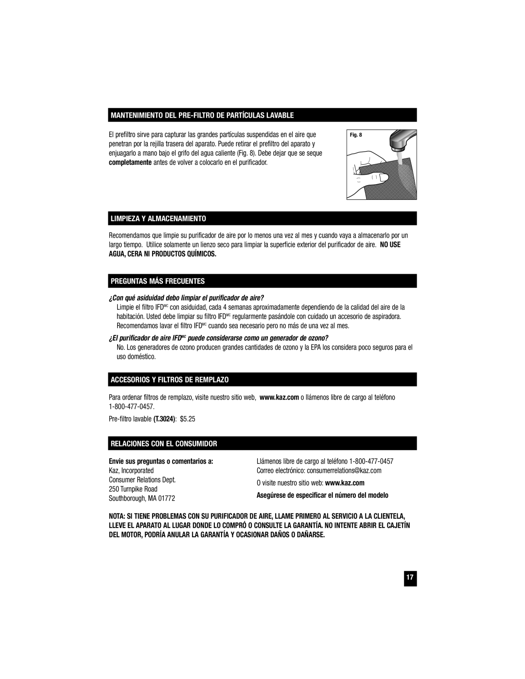 Honeywell HFD-120 Mantenimiento DEL PRE-FILTRO DE Partículas Lavable, Limpieza Y Almacenamiento, Preguntas MÁS Frecuentes 