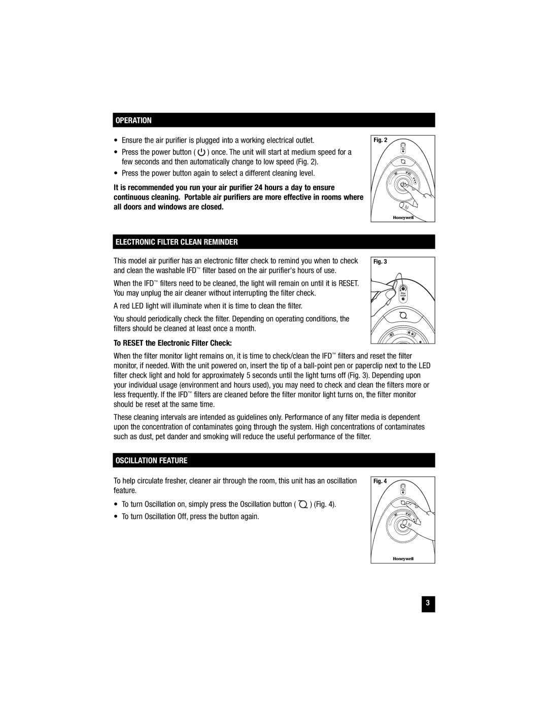 Honeywell HFD-120 Operation, Electronic Filter Clean Reminder, To Reset the Electronic Filter Check, Oscillation Feature 