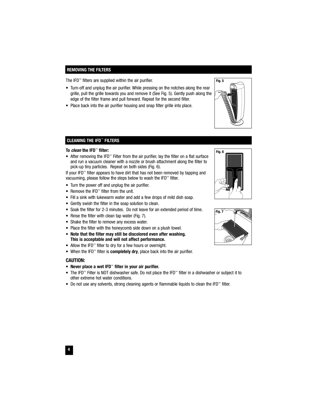 Honeywell HFD-120 important safety instructions Removing the Filters, Cleaning the IFD Filters, To clean the IFD filter 