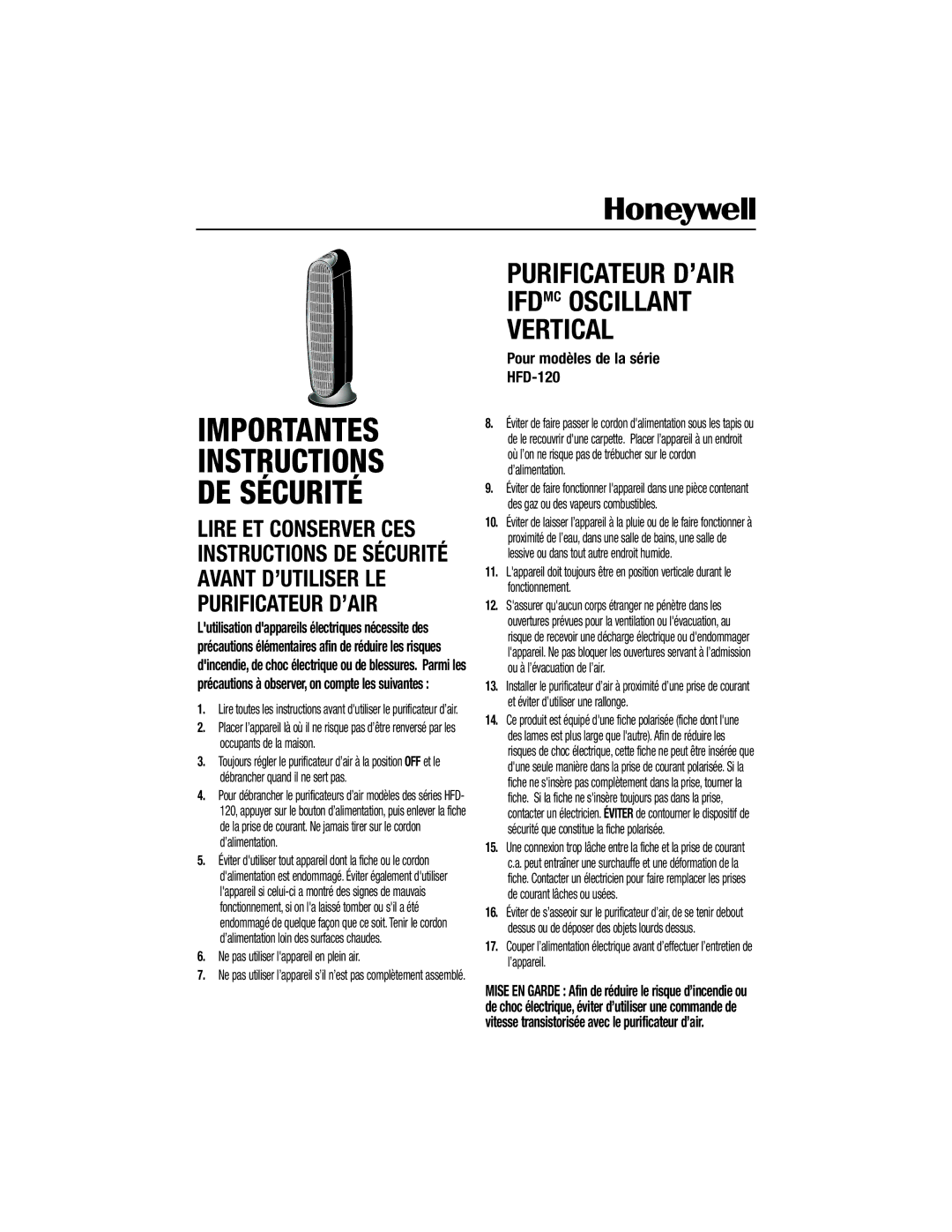 Honeywell HFD-120 important safety instructions Importantes Instructions DE Sécurité 