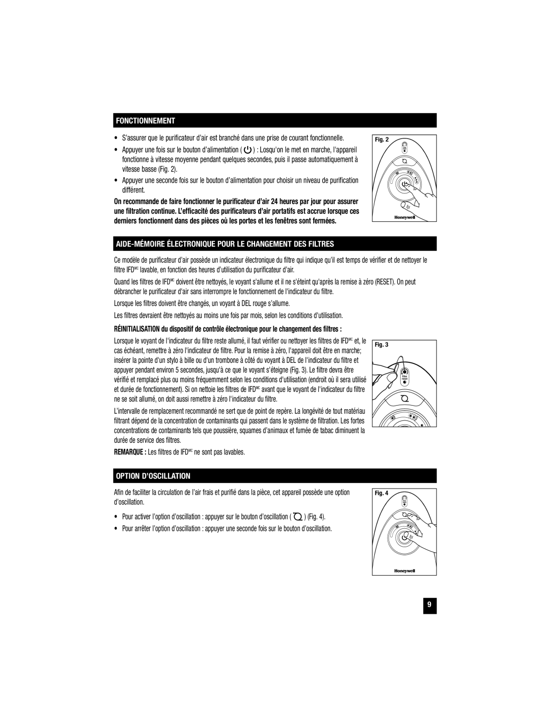 Honeywell HFD-120 Fonctionnement, AIDE-MÉMOIRE Électronique Pour LE Changement DES Filtres, Option D’OSCILLATION 