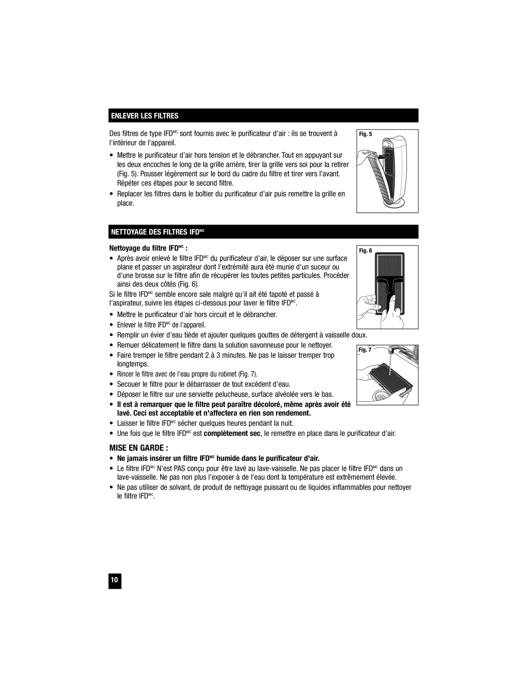 Honeywell HFD-120 important safety instructions Mise En Garde, Enlever Les Filtres, Nettoyage Des Filtres Ifdmc 
