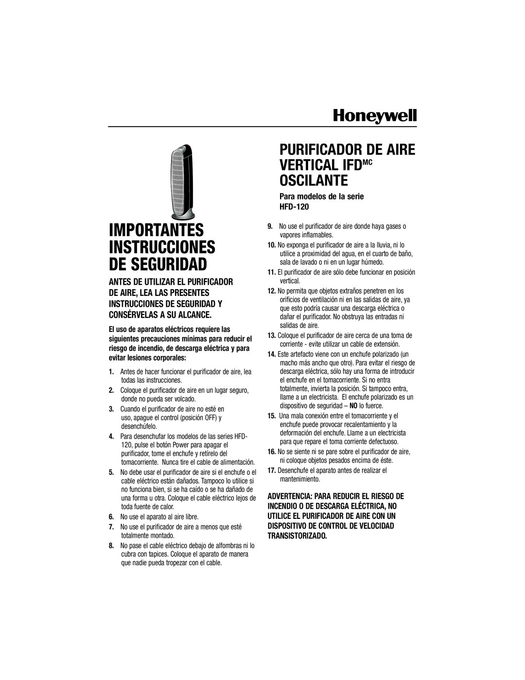 Honeywell HFD-120 Importantes Instrucciones De Seguridad, Purificador De Aire Vertical Ifdmc Oscilante 