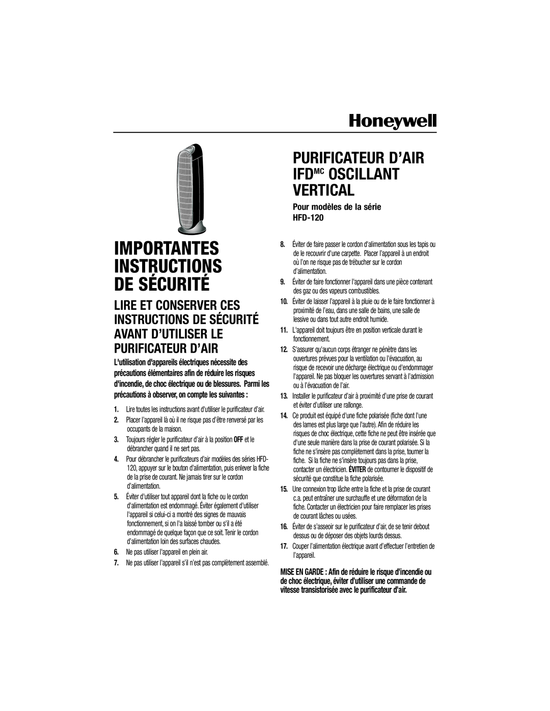 Honeywell important safety instructions Importantes Instructions De Sécurité, Pour modèles de la série HFD-120 
