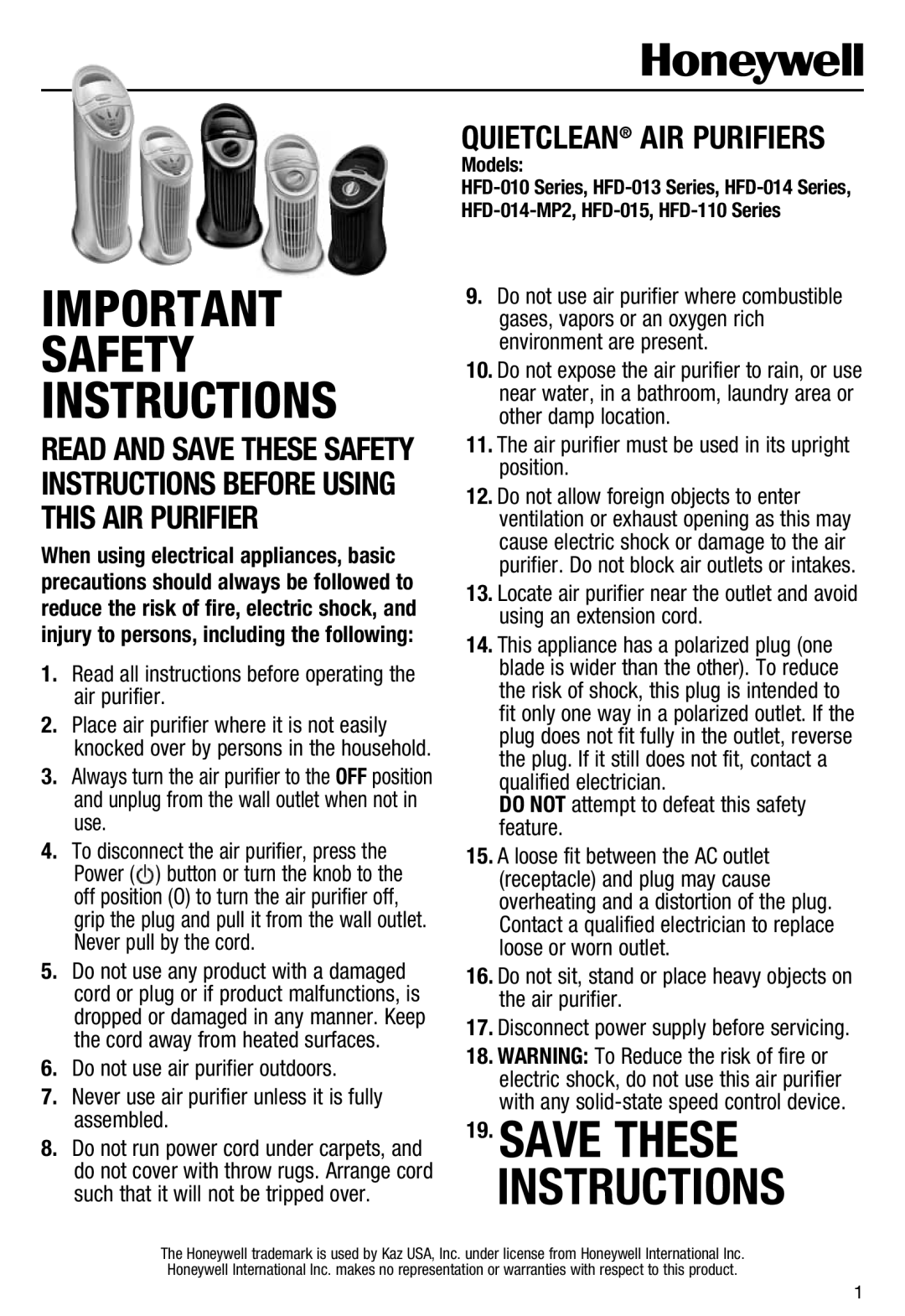 Honeywell HFD110 important safety instructions Models, HFD-014-MP2, HFD-015, HFD-110 Series 