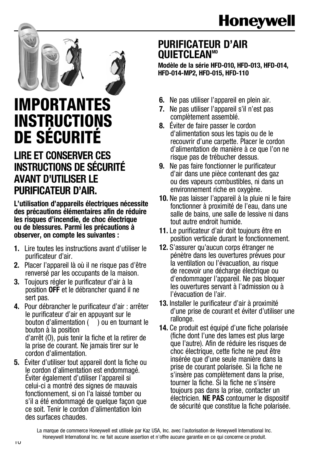 Honeywell HFD110 important safety instructions Importantes Instructions DE Sécurité 