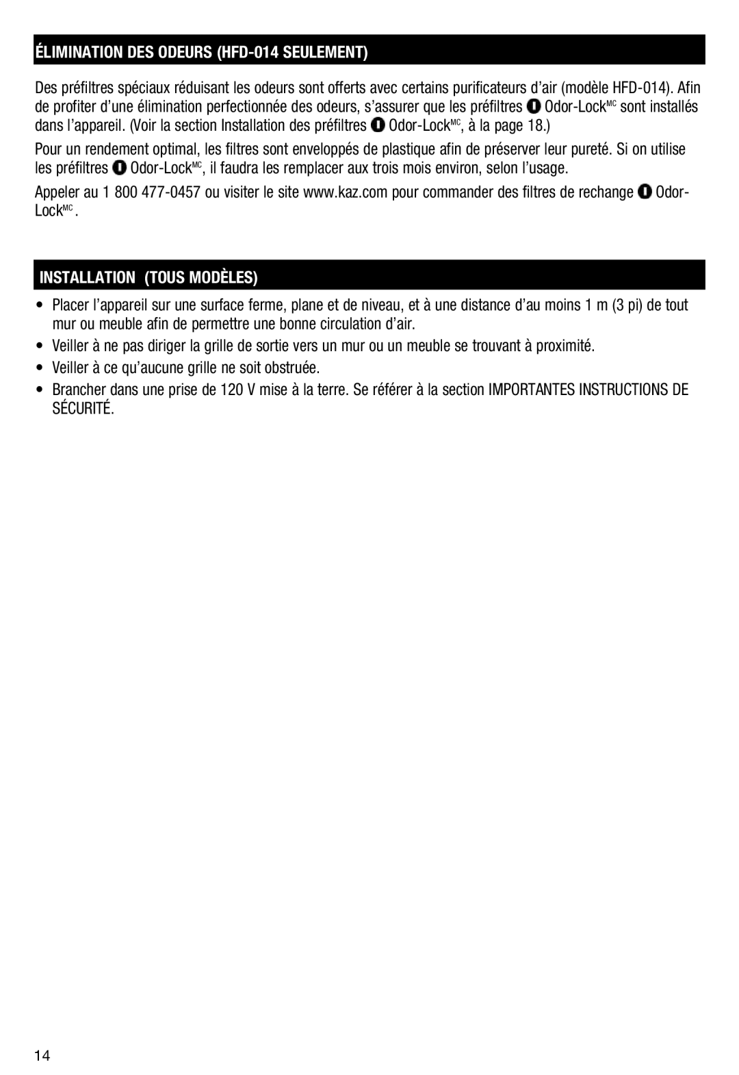 Honeywell HFD110 important safety instructions Élimination DES Odeurs HFD-014 Seulement, Installation Tous Modèles 