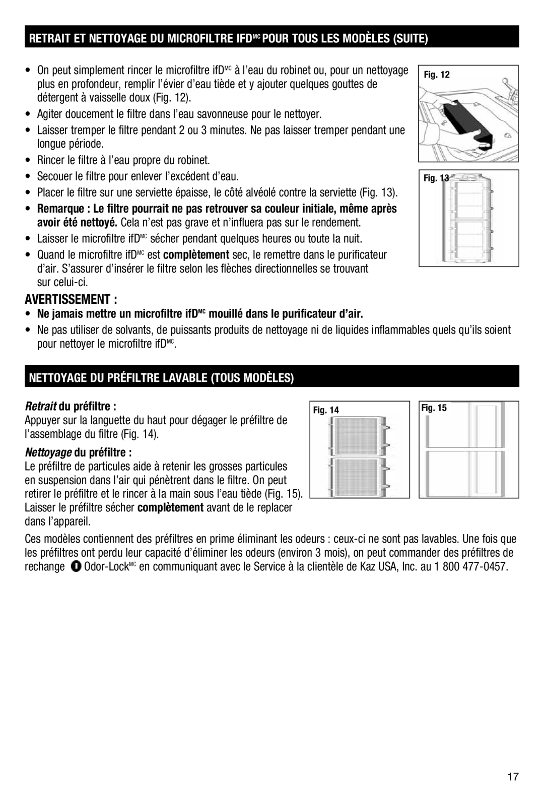 Honeywell HFD110 important safety instructions Retrait du préfiltre, Nettoyage du préfiltre 