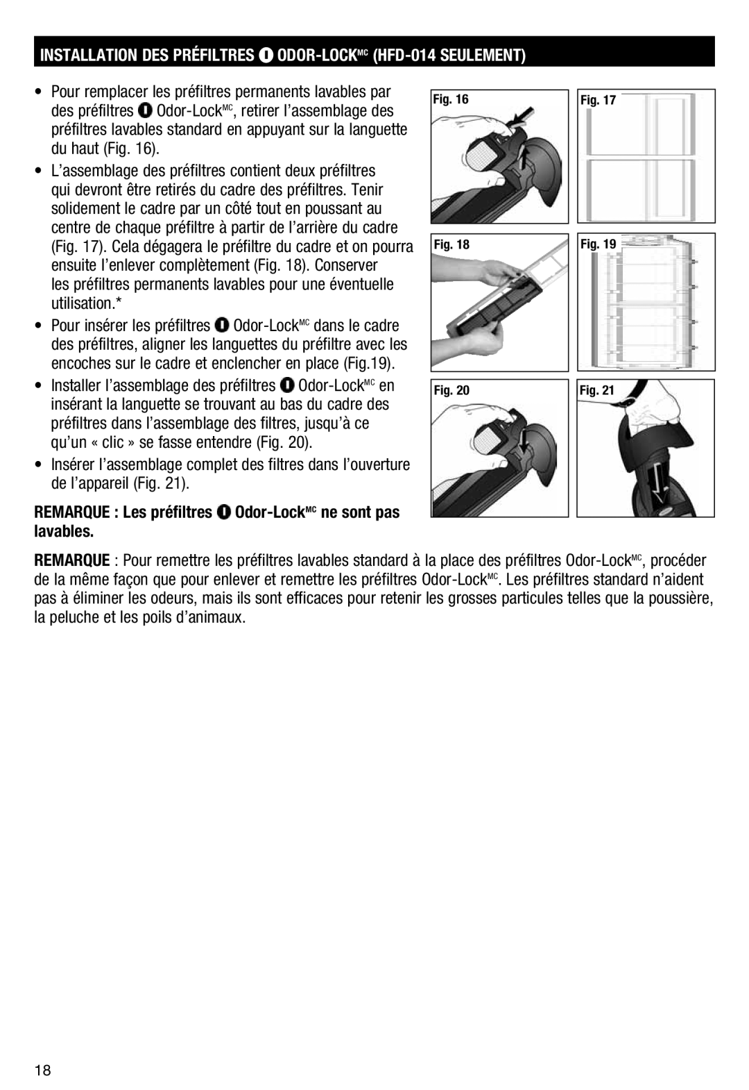 Honeywell HFD110 important safety instructions Installation DES Préfiltres ODOR-LOCKMCHFD-014 Seulement 