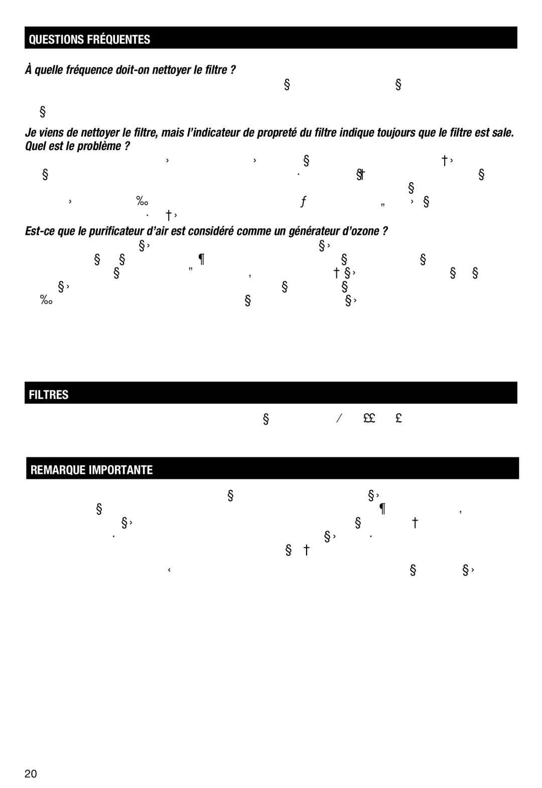 Honeywell HFD110 important safety instructions Questions Fréquentes, Filtres, Remarque Importante 