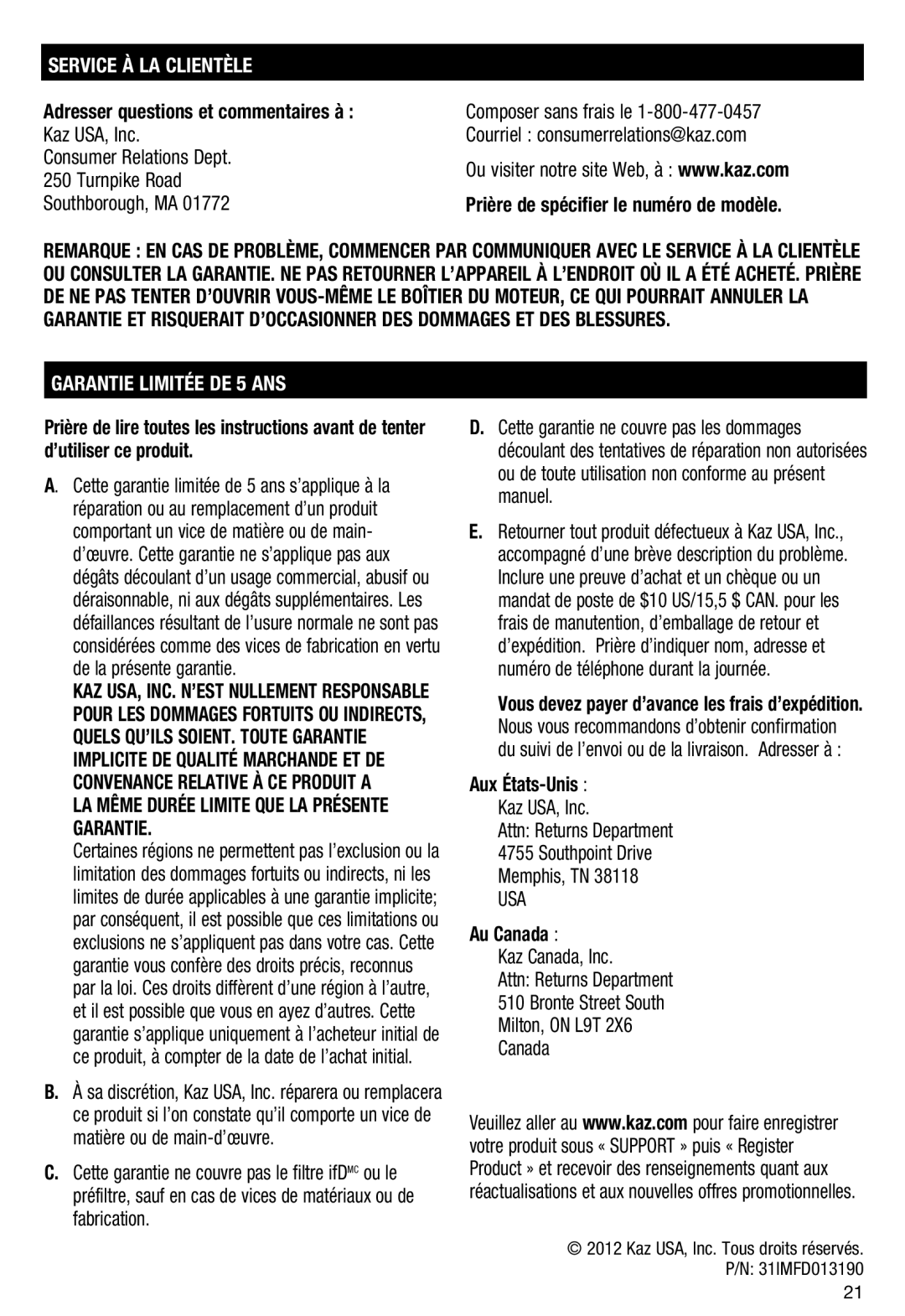 Honeywell HFD110 important safety instructions Service À LA Clientèle, Garantie Limitée DE 5 ANS 