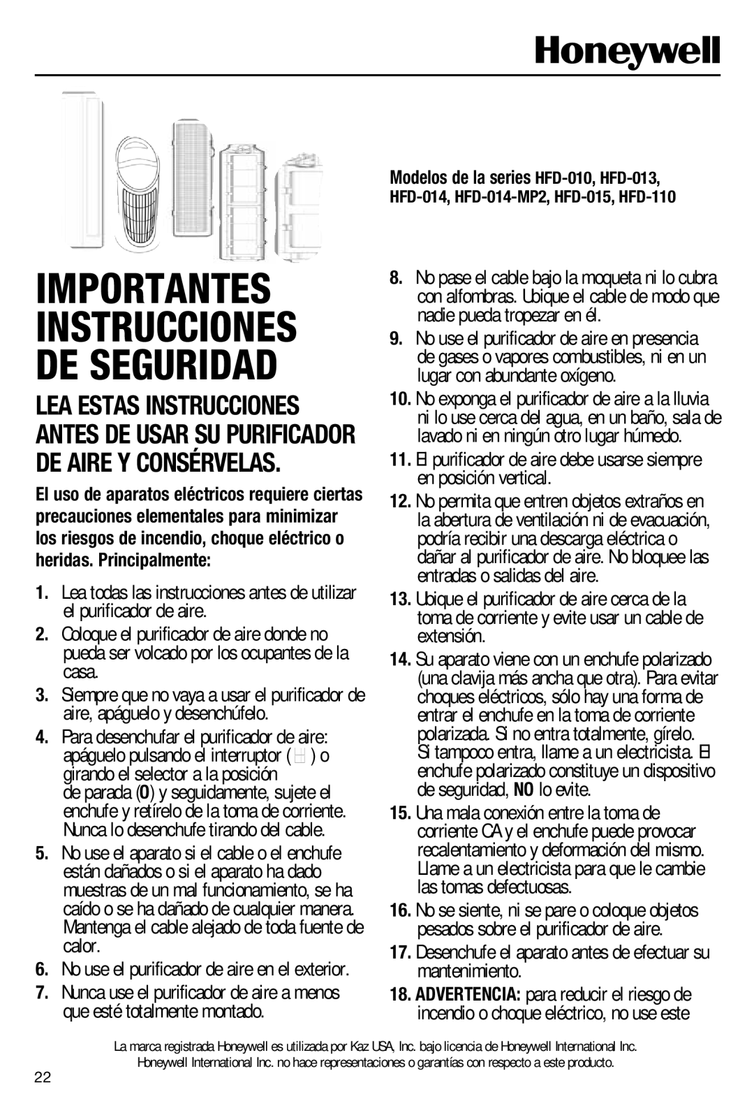 Honeywell HFD110 important safety instructions Importantes Instrucciones DE Seguridad 