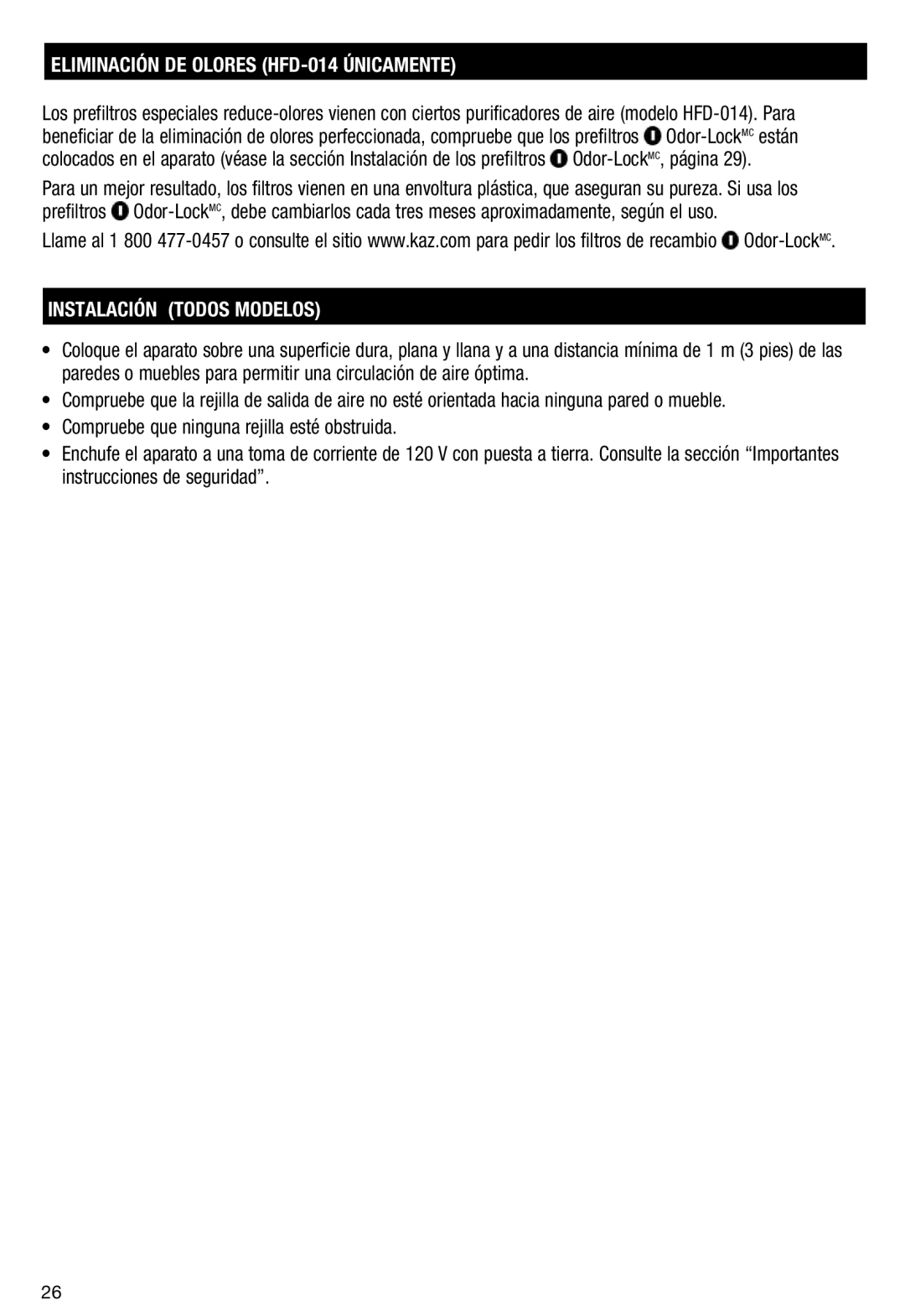 Honeywell HFD110 important safety instructions Eliminación DE Olores HFD-014 Únicamente, Instalación Todos Modelos 