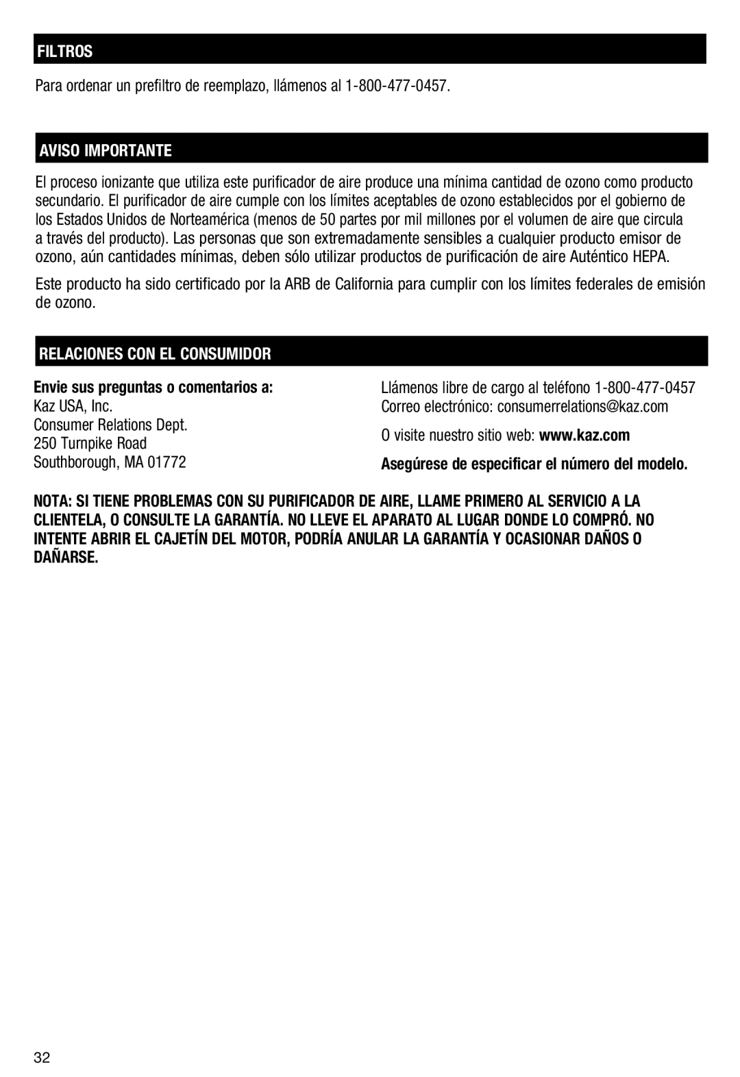 Honeywell HFD110 Filtros, Para ordenar un prefiltro de reemplazo, llámenos al, Aviso Importante 