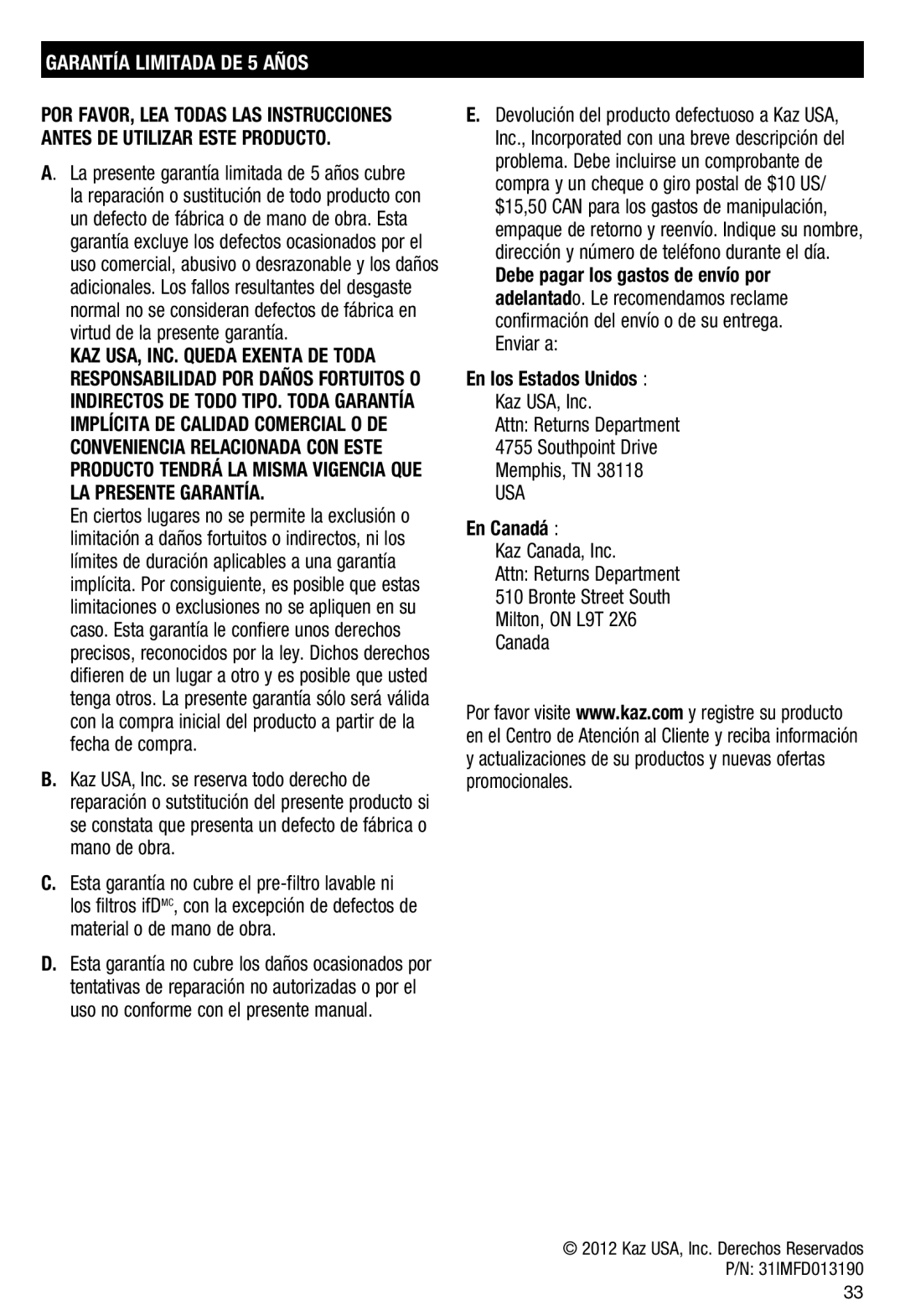 Honeywell HFD110 important safety instructions Garantía Limitada DE 5 Años, En los Estados Unidos, En Canadá 