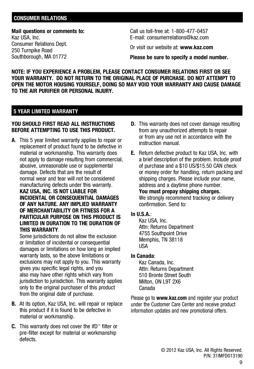 Honeywell HFD110 important safety instructions Consumer Relations, Year LIMITED WARRANTY 