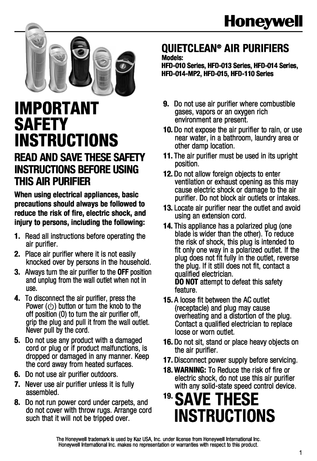 Honeywell HFD110 important safety instructions Important Safety Instructions, Save These Instructions 