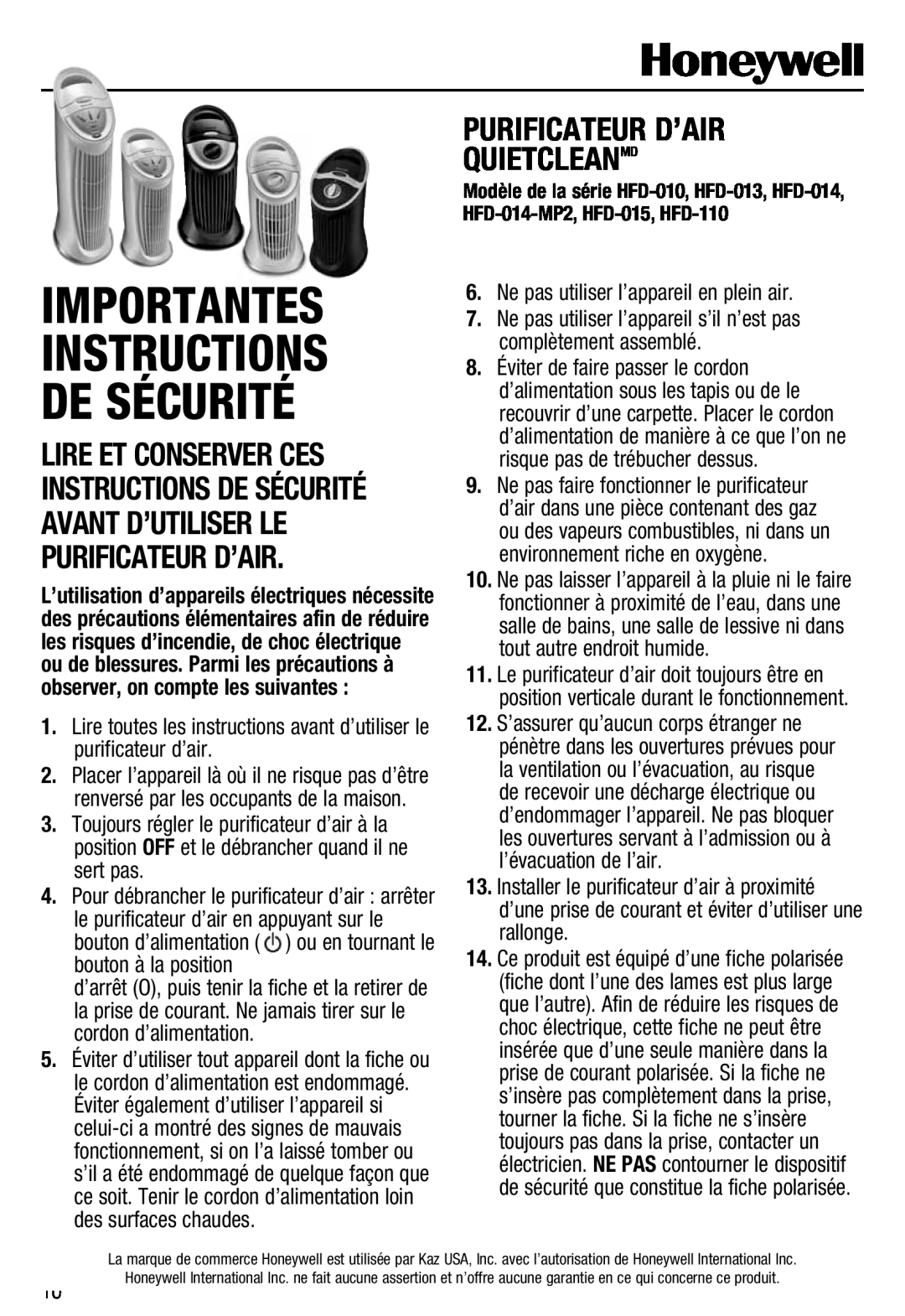 Honeywell HFD110 important safety instructions Purificateur D’Air Quietcleanmd, Importantes Instructions De Sécurité 