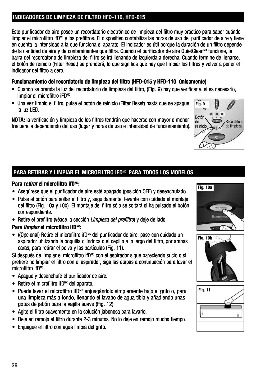 Honeywell HFD110 important safety instructions Para retirar el microfiltro ifDMC, Para limpiar el microfiltro ifDMC 