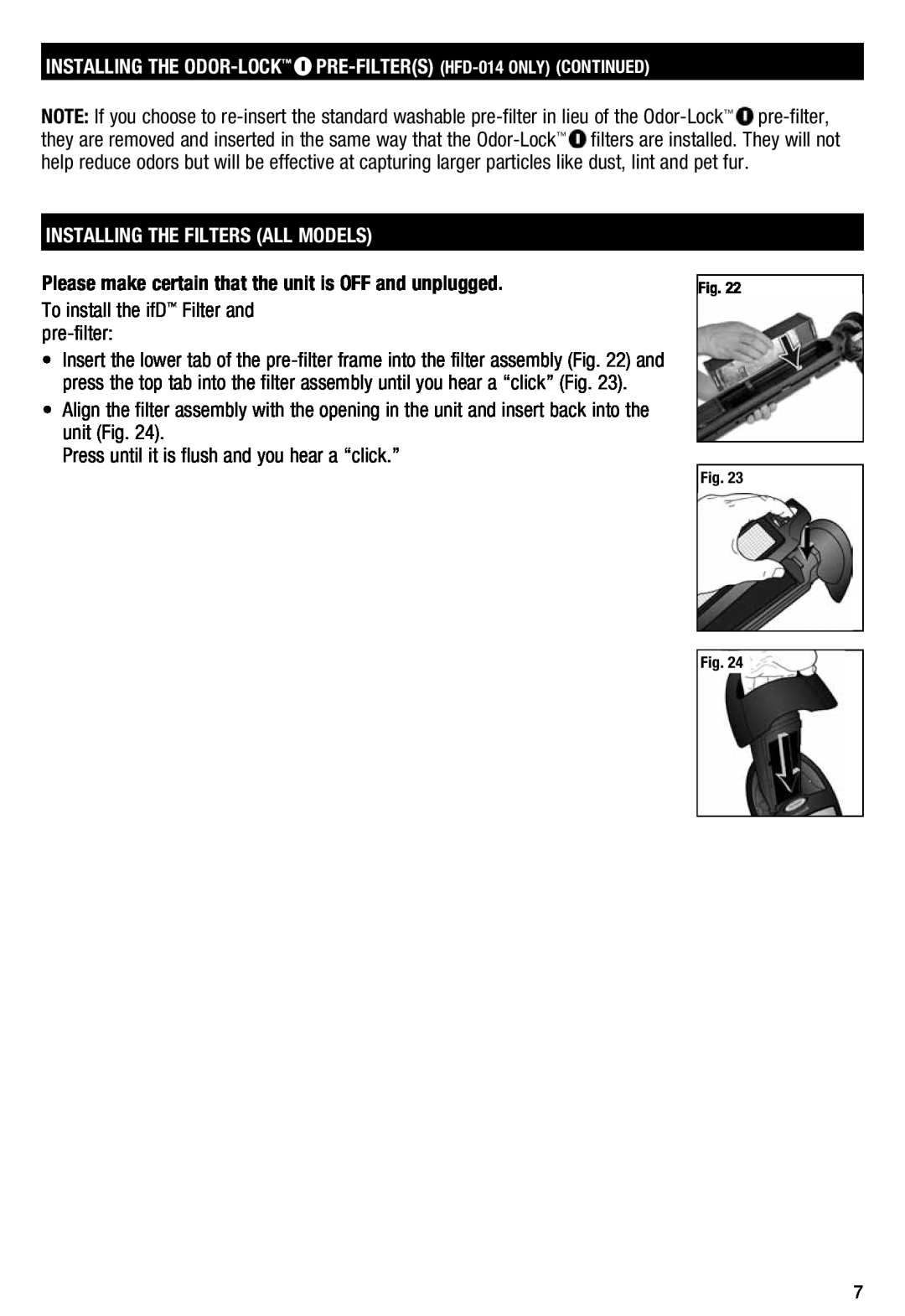Honeywell HFD110 important safety instructions Installing The Filters All Models, To install the ifD Filter and pre-filter 