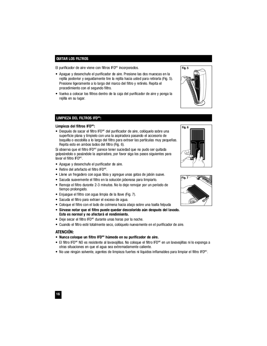 Honeywell HFD120Q important safety instructions Quitar LOS Filtros, Limpieza DEL Filtros Ifdmc, Limpieza del filtros Ifdmc 