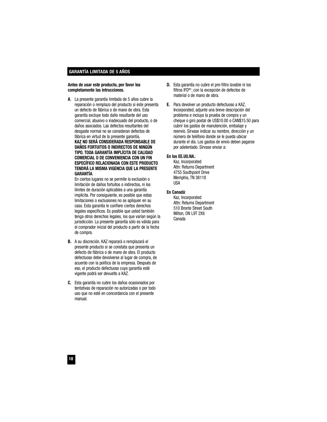 Honeywell HFD120Q important safety instructions Garantía Limitada DE 5 Años, En Canadá 