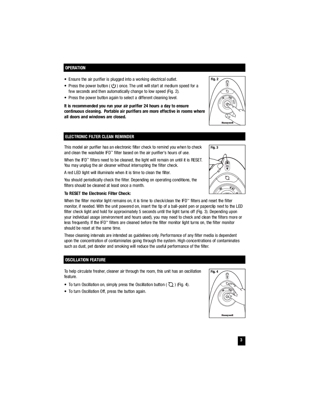 Honeywell HFD120Q Operation, Electronic Filter Clean Reminder, To Reset the Electronic Filter Check, Oscillation Feature 