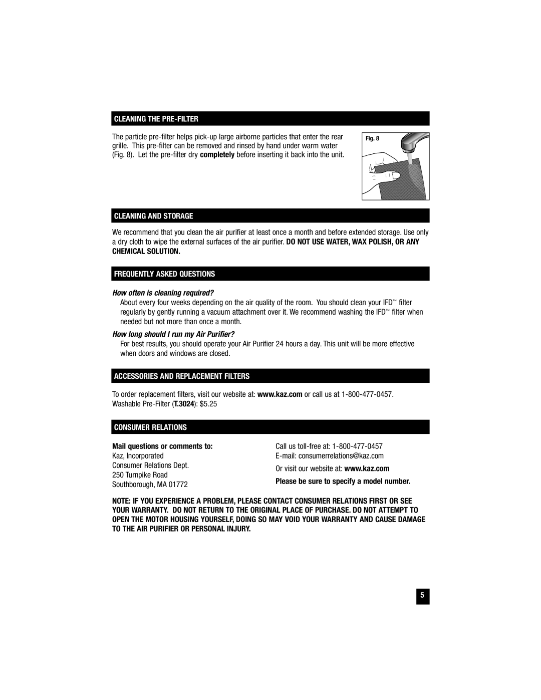 Honeywell HFD120Q Cleaning the PRE-FILTER, Cleaning and Storage, Frequently Asked Questions, Consumer Relations 