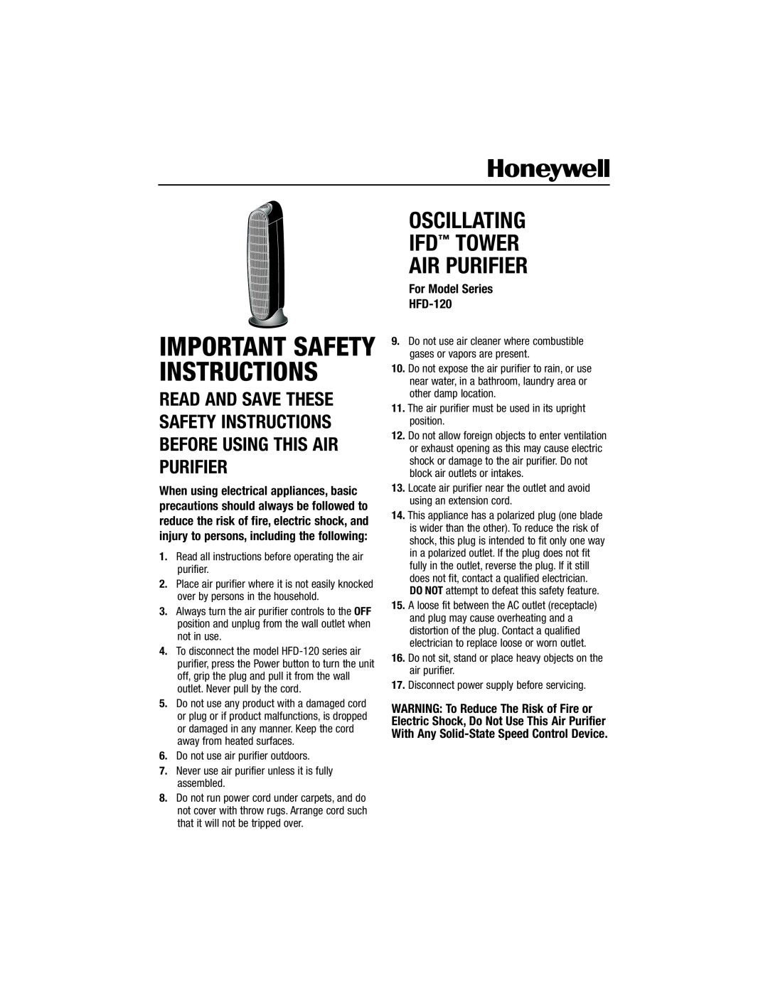 Honeywell HFD120Q important safety instructions Oscillating Ifd Tower Air Purifier, For Model Series HFD-120 