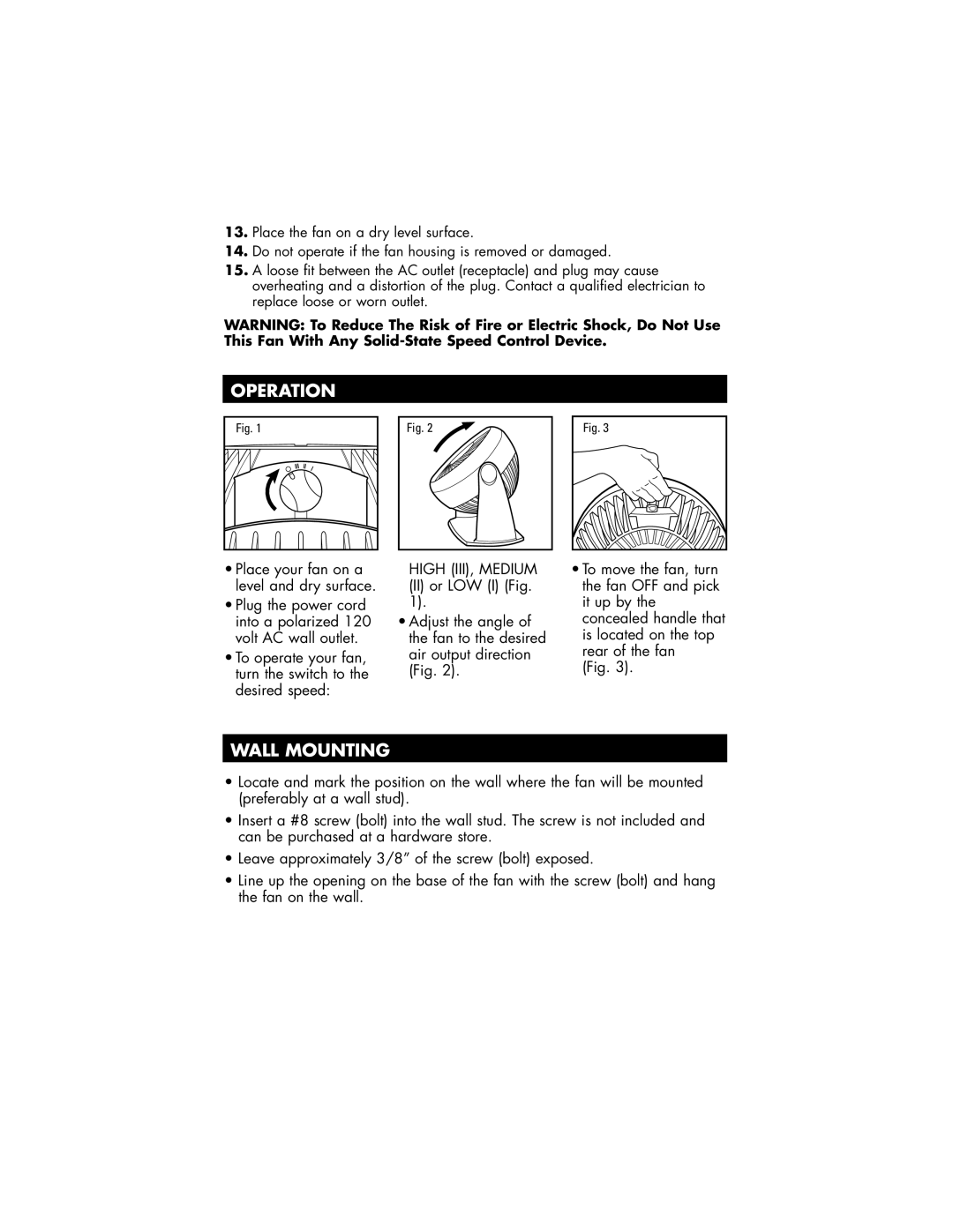 Honeywell HFT-311BC owner manual Operation, Wall Mounting 