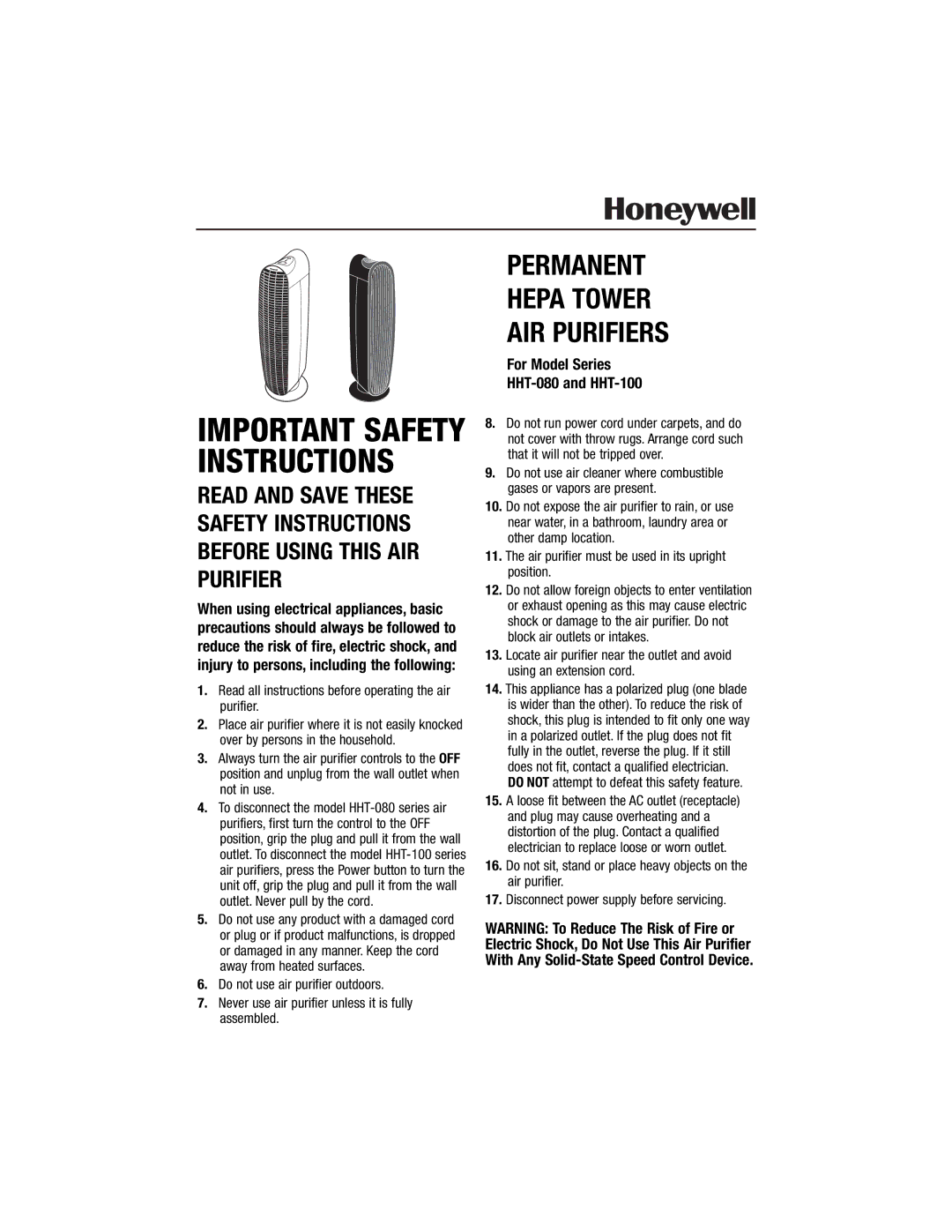 Honeywell HHT-100, HHT-080 important safety instructions Important Safety Instructions 