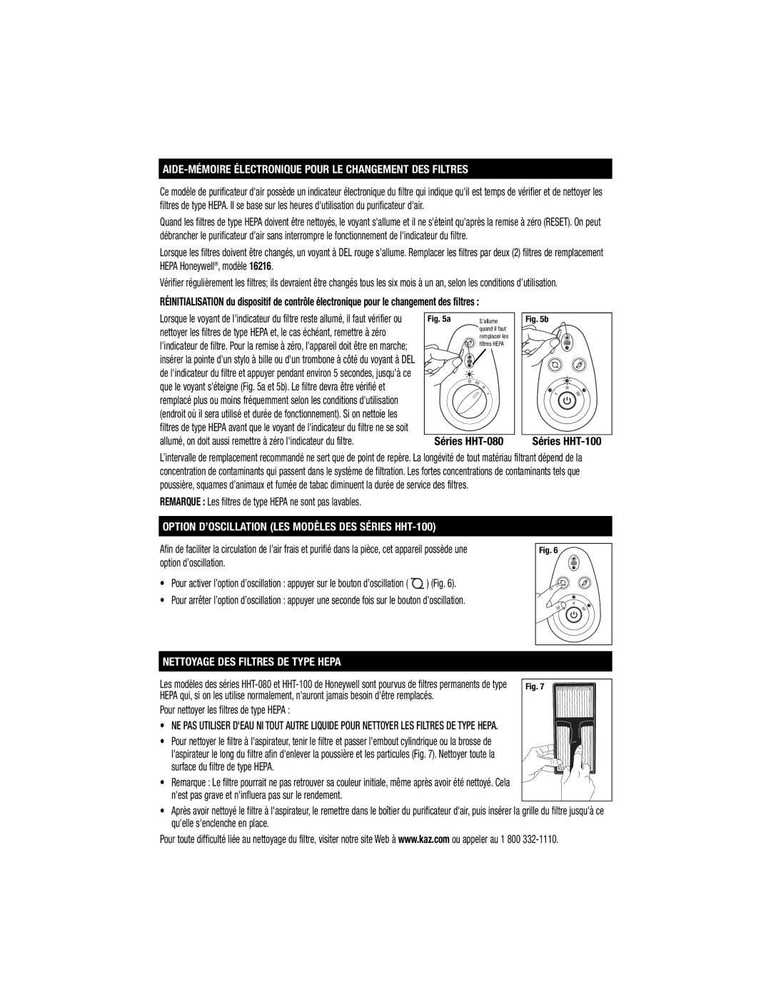 Honeywell HHT-080, HHT-100 AIDE-MÉMOIRE Électronique Pour LE Changement DES Filtres, Nettoyage DES Filtres DE Type Hepa 