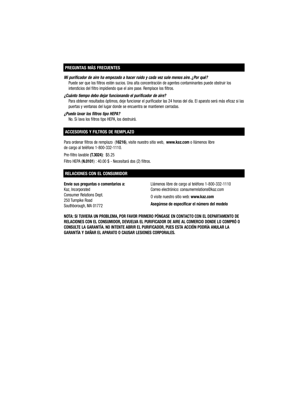 Honeywell HHT-080 Preguntas MÁS Frecuentes, No. Si lava los filtros tipo HEPA, los destruirá, Relaciones CON EL Consumidor 