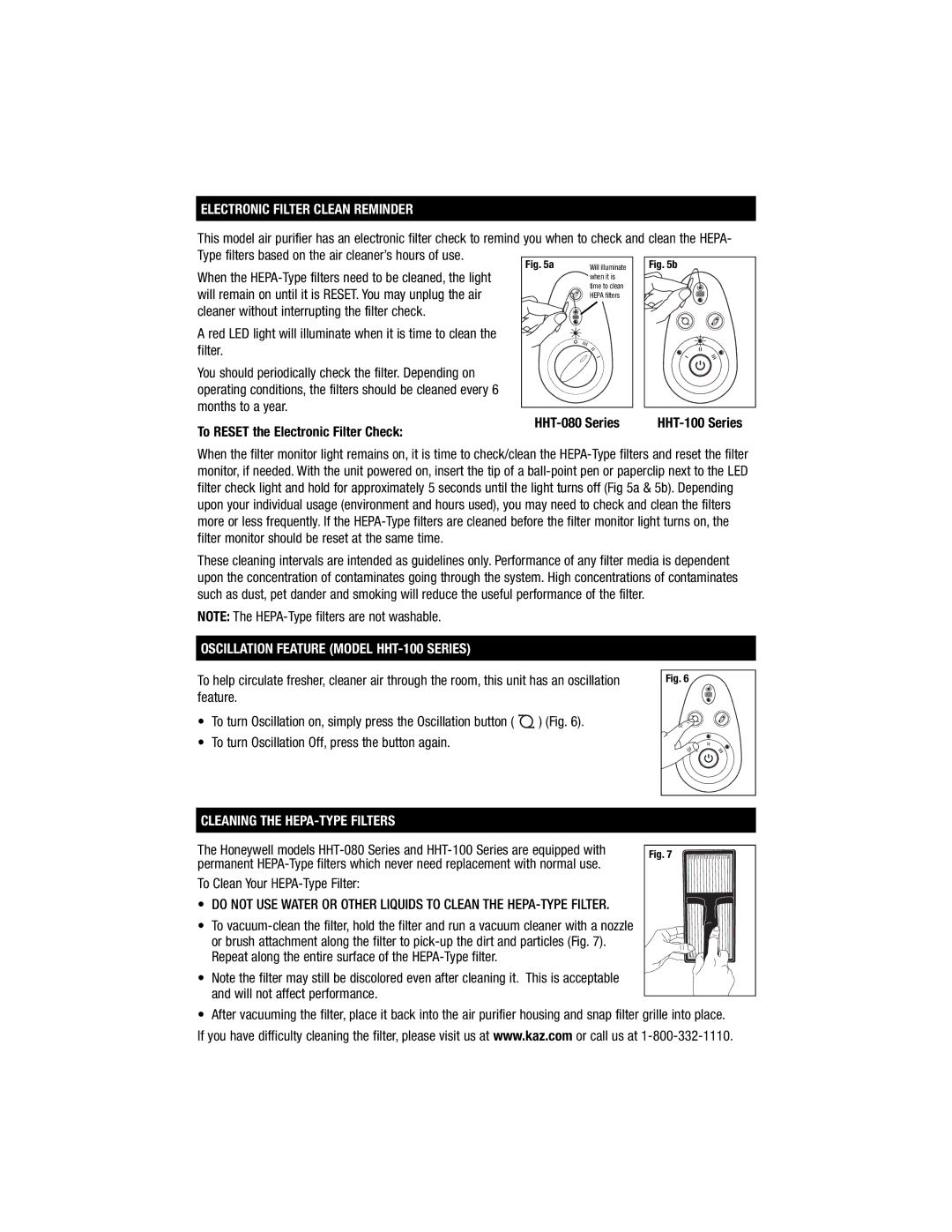 Honeywell HHT-100 Electronic Filter Clean Reminder, To Reset the Electronic Filter Check HHT-080 Series 