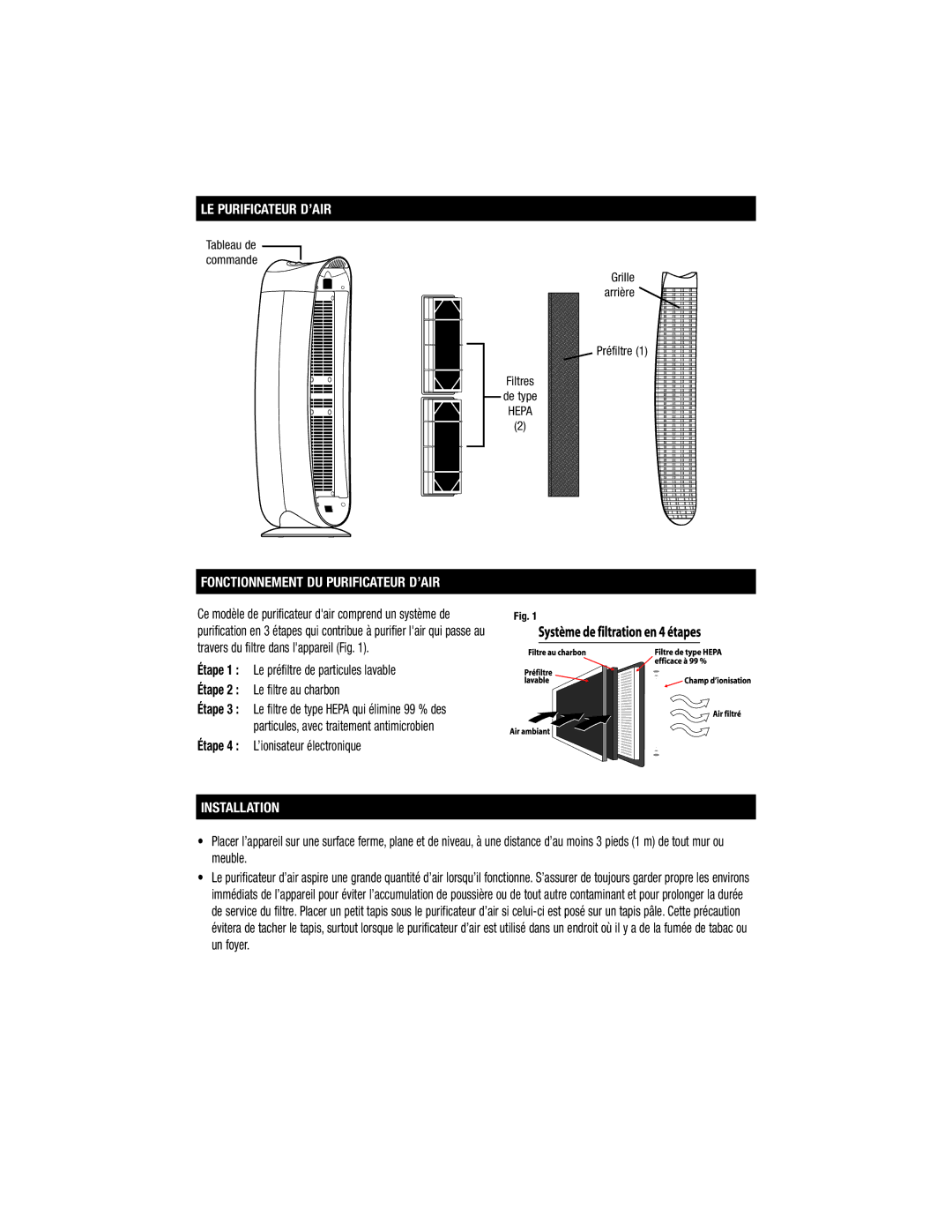 Honeywell HHT-080, HHT-100 LE Purificateur D’AIR, Fonctionnement DU Purificateur D’AIR, Étape, Installation 