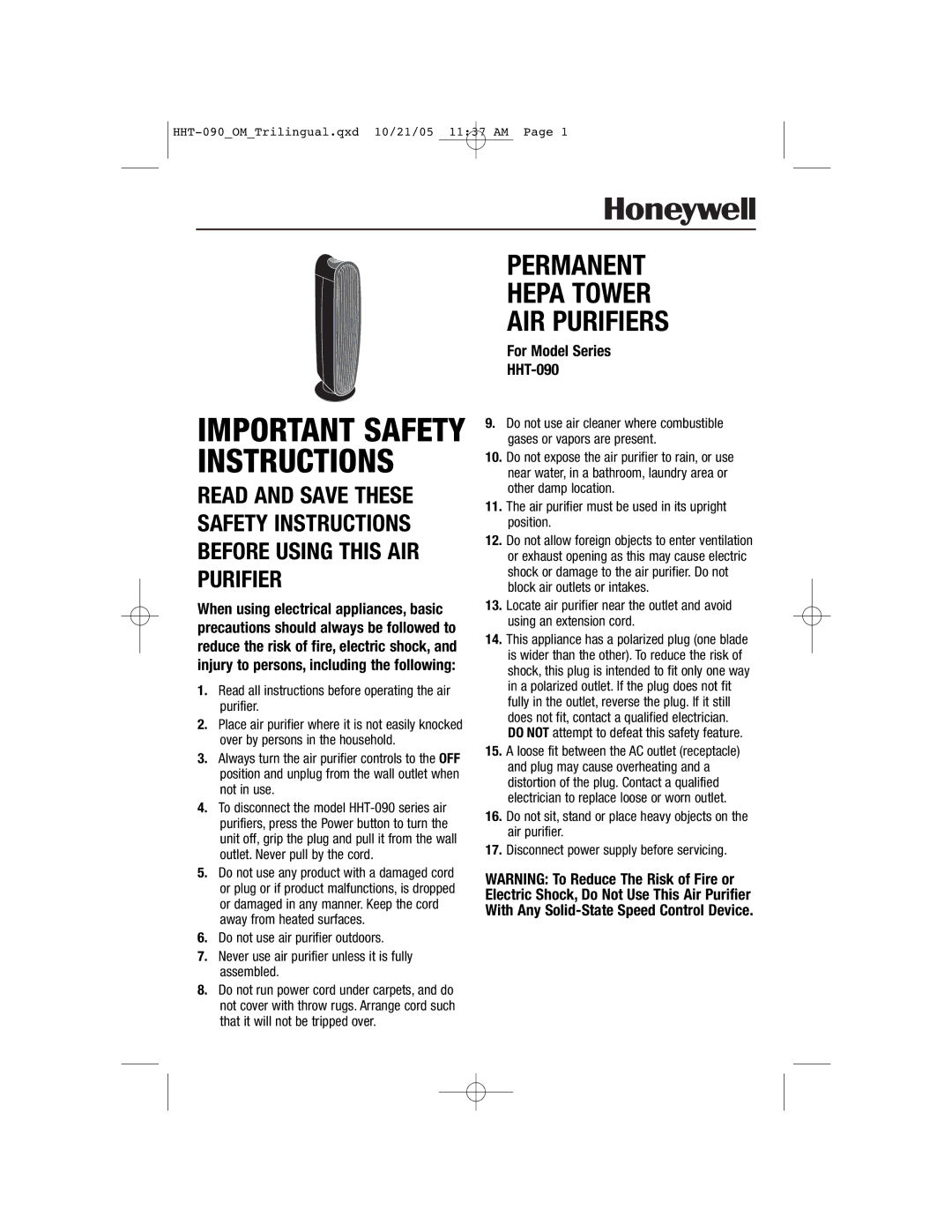 Honeywell HHT-090 important safety instructions Important Safety Instructions 