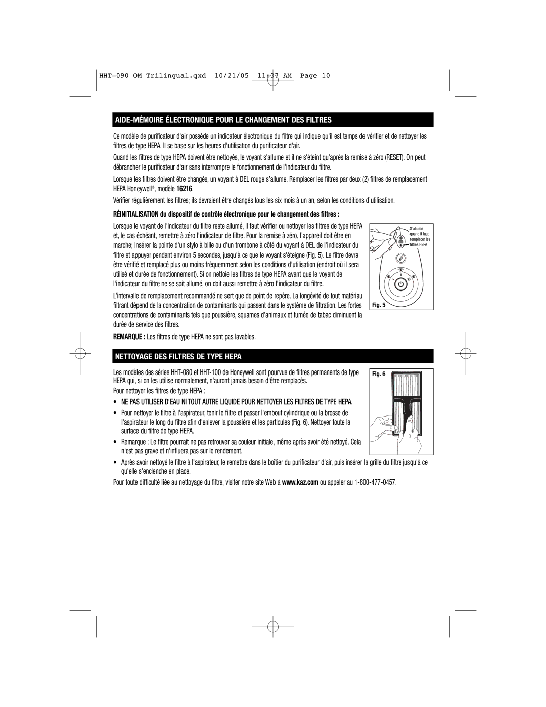 Honeywell HHT-090 AIDE-MÉMOIRE Électronique Pour LE Changement DES Filtres, Nettoyage DES Filtres DE Type Hepa 