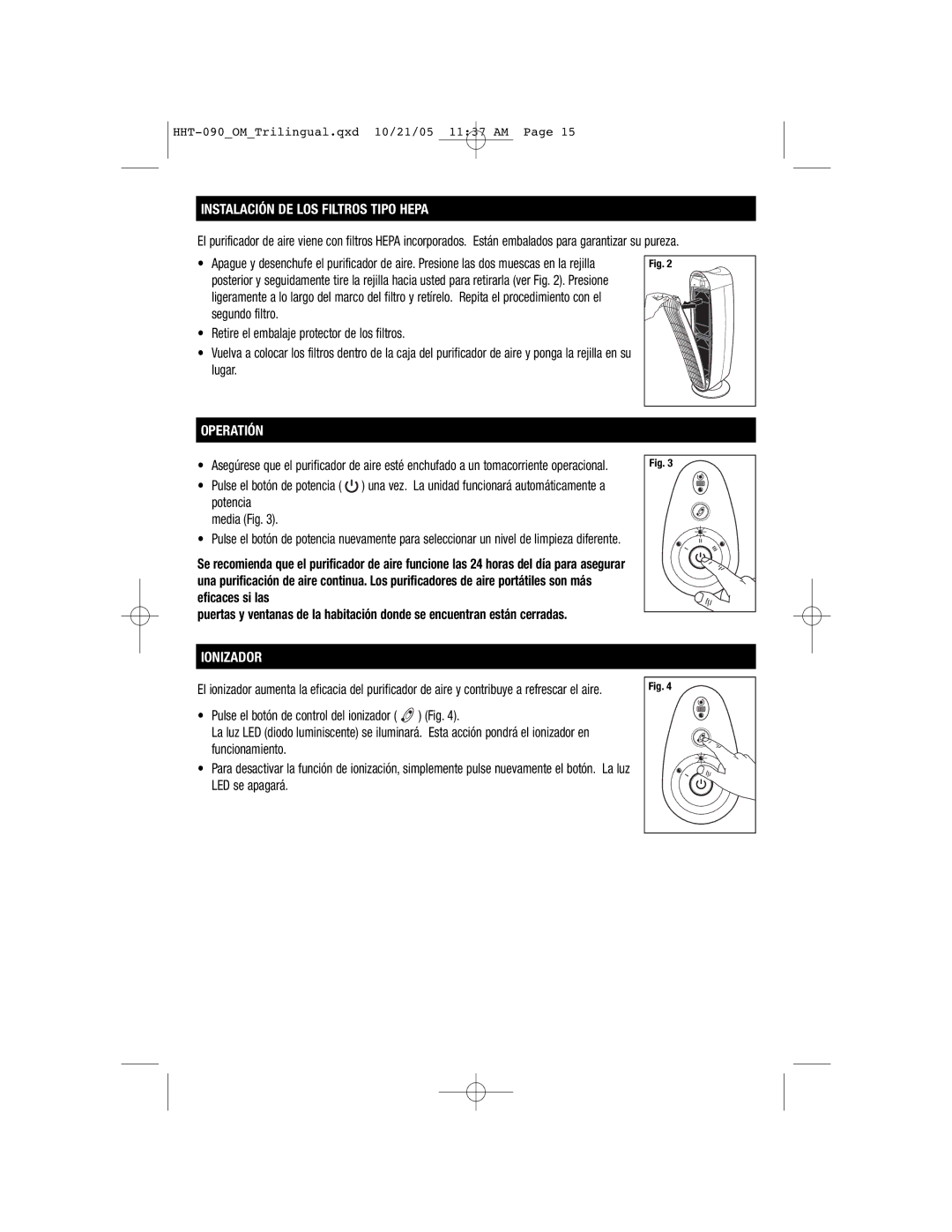 Honeywell HHT-090 important safety instructions Instalación DE LOS Filtros Tipo Hepa, Operatión, Ionizador 