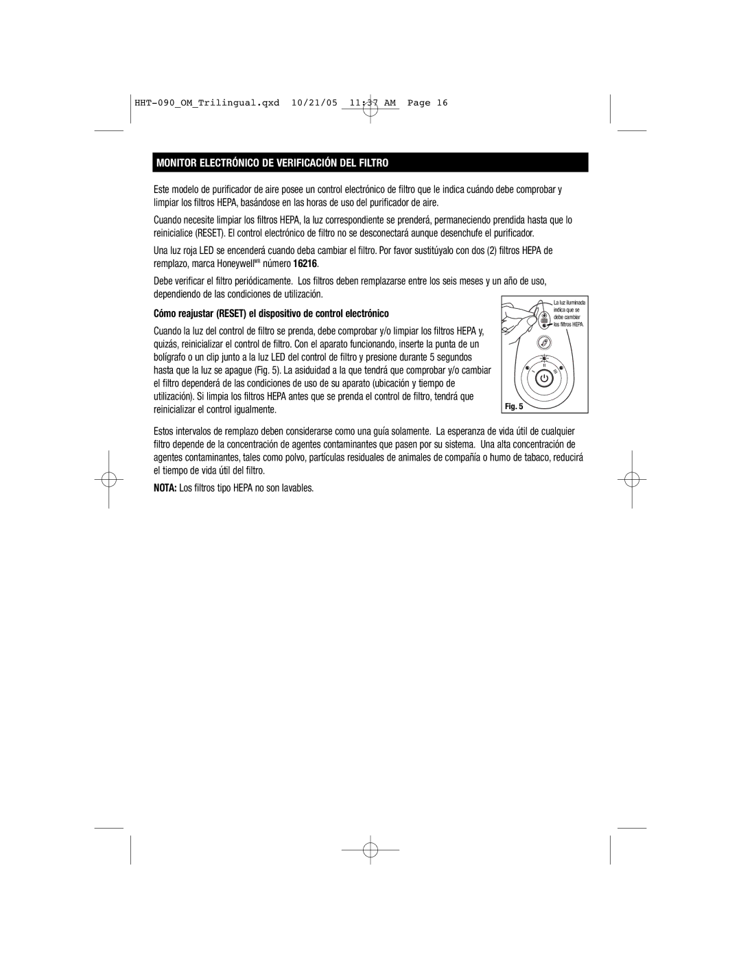 Honeywell HHT-090 Monitor Electrónico DE Verificación DEL Filtro, Reinicializar el control igualmente 