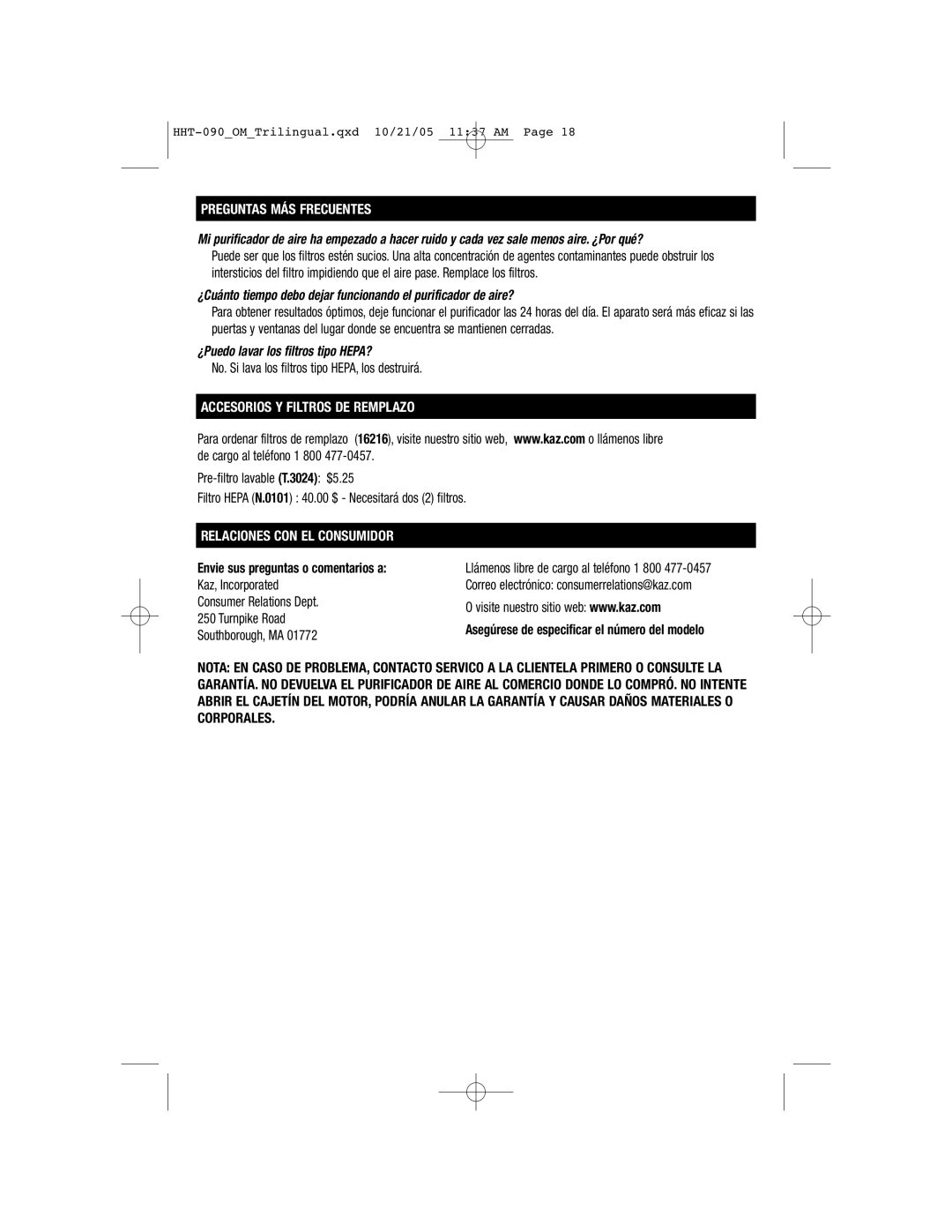 Honeywell HHT-090 Preguntas MÁS Frecuentes, No. Si lava los filtros tipo HEPA, los destruirá, Relaciones CON EL Consumidor 