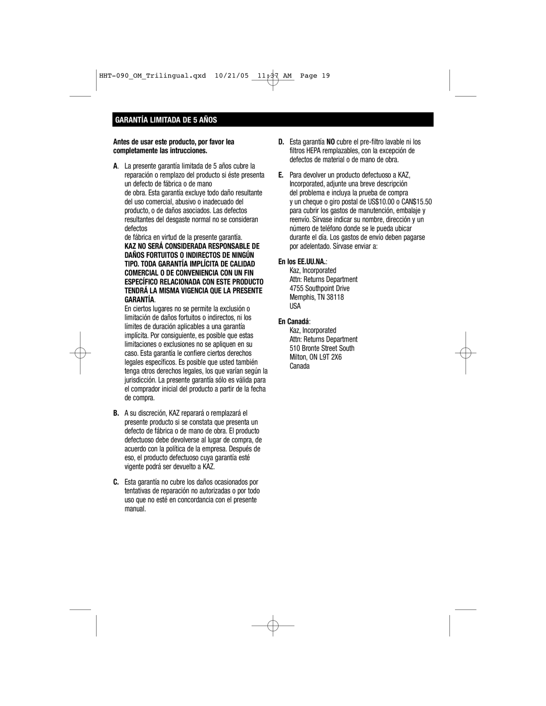 Honeywell HHT-090 important safety instructions Garantía Limitada DE 5 Años, En Canadá 