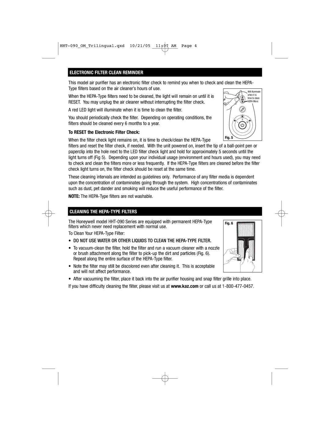 Honeywell HHT-090 Electronic Filter Clean Reminder, To Reset the Electronic Filter Check, To Clean Your HEPA-Type Filter 