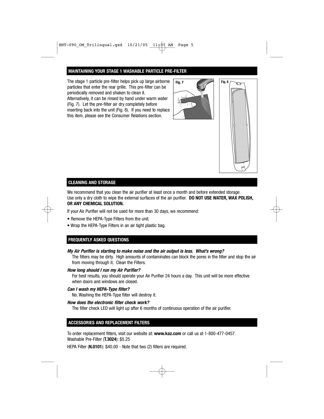 Honeywell HHT-090 Maintaining Your Stage 1 Washable Particle PRE-FILTER, Cleaningfr Quentlyandaskedstoragequ Stions 