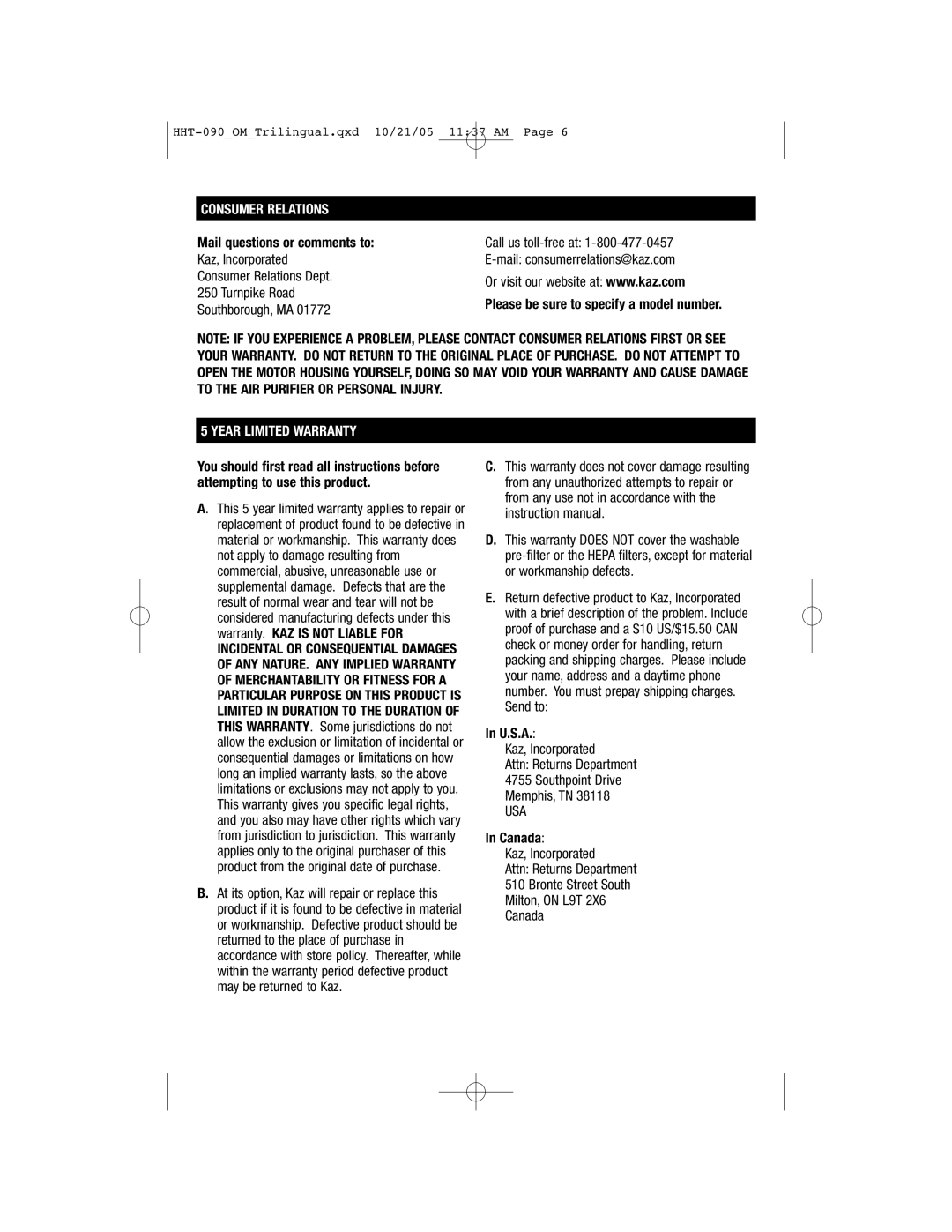 Honeywell HHT-090 Consumer Relations, Please be sure to specify a model number, Year Limited Warranty, U.S.A, Canada 