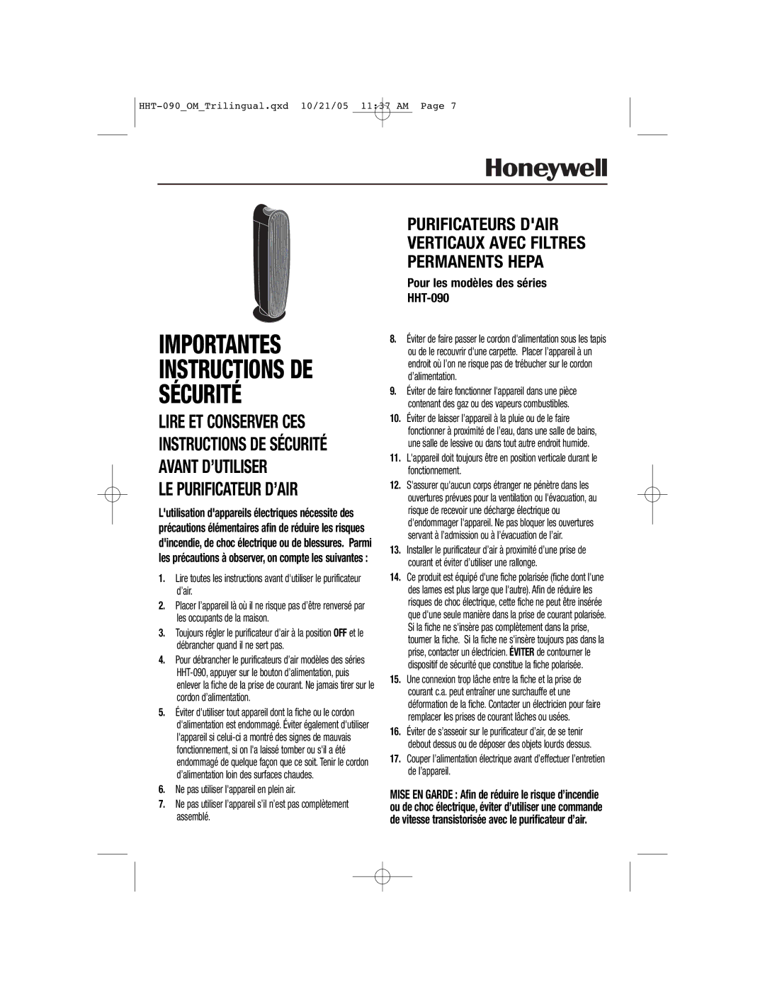 Honeywell HHT-090 important safety instructions Importantes 