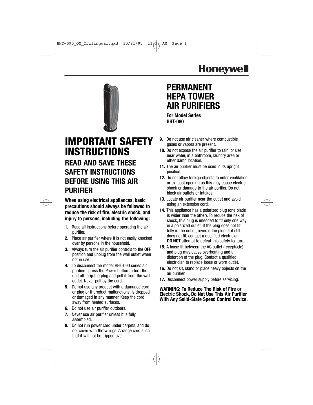 Honeywell important safety instructions For Model Series HHT-090, Permanent Hepa Tower Air Purifiers 