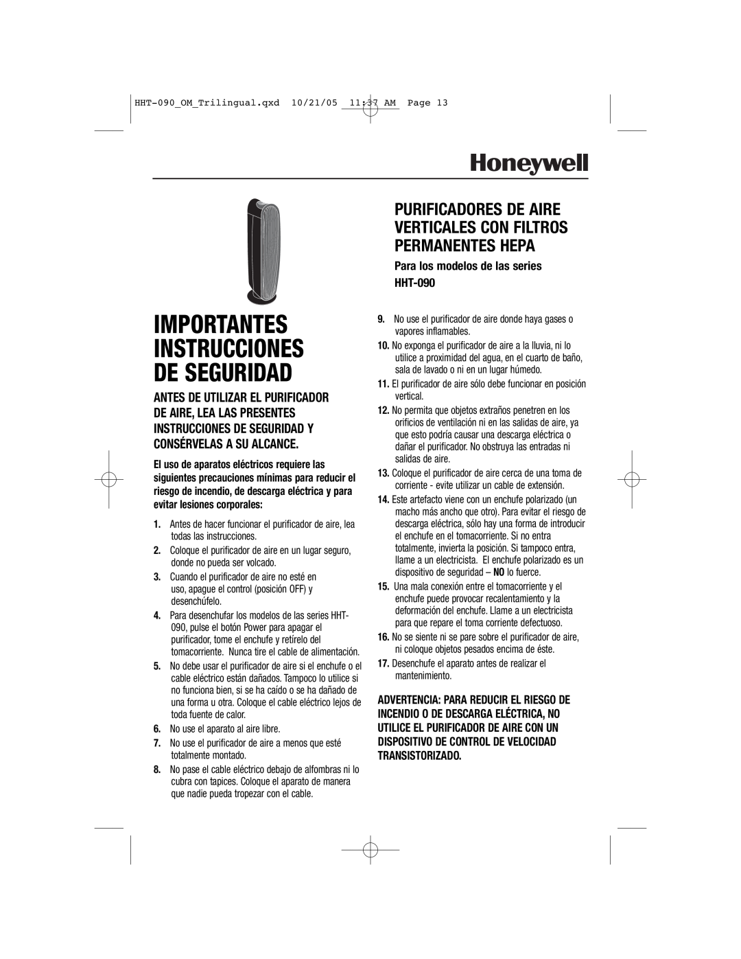 Honeywell important safety instructions Importantes Instrucciones De Seguridad, Para los modelos de las series HHT-090 