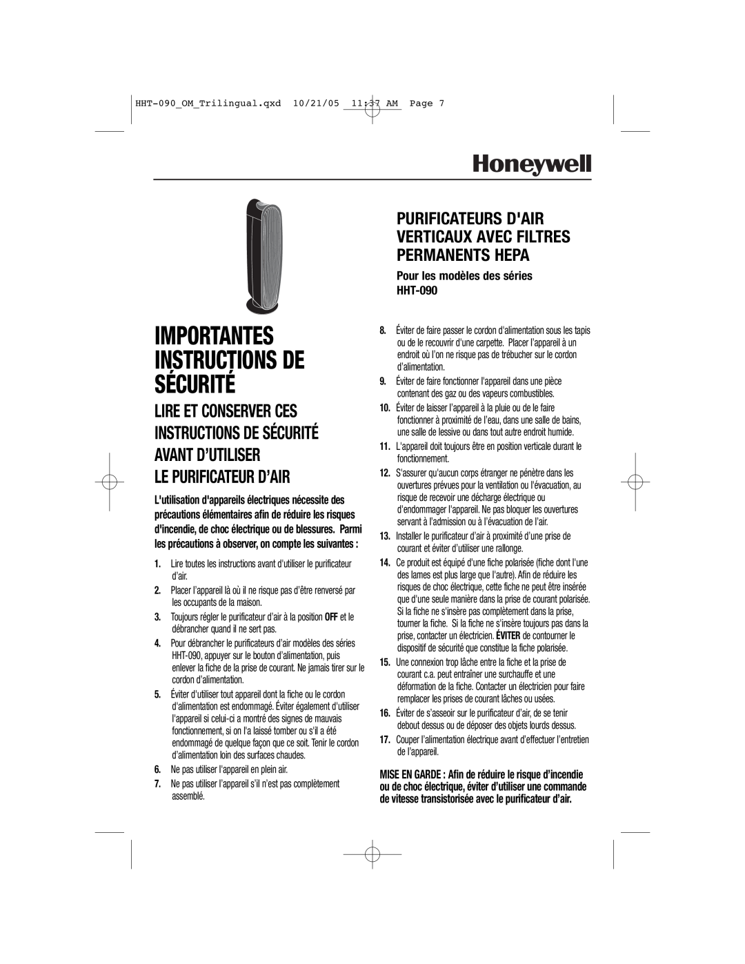 Honeywell Importantes, Sécurité, Pour les modèles des séries HHT-090, Instructions De, Le Purificateur D’Air 